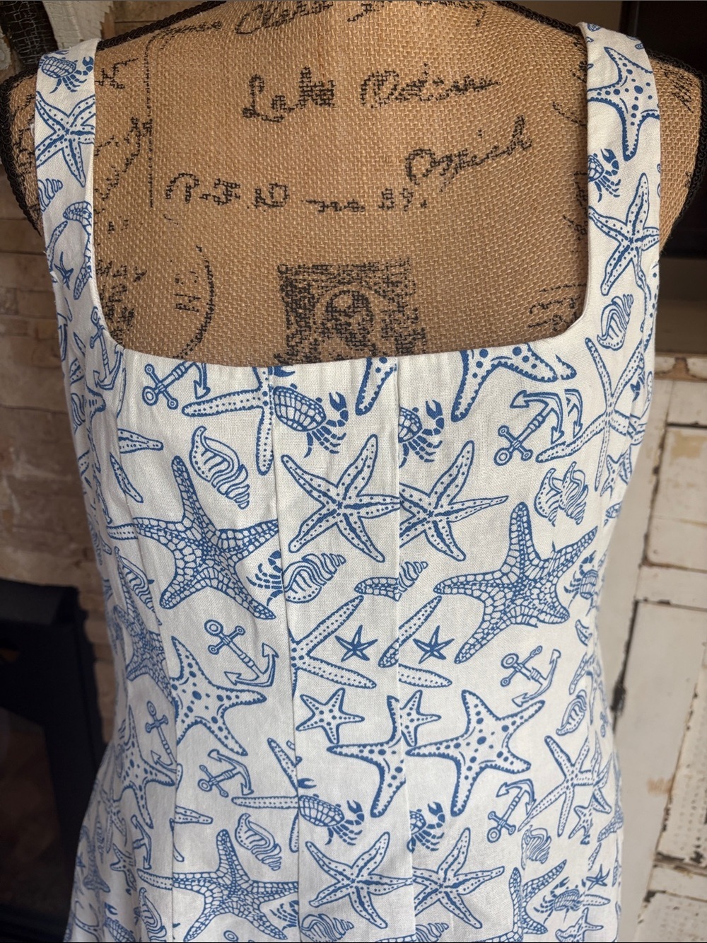 Avec Les Filles linen blend fit and flare mini dress coastal starfish blue white - Picture 7 of 16
